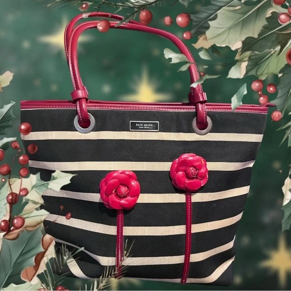 Kate Spade Black and Cream Striped Tote with Floral Accents - Picture 1 of 5